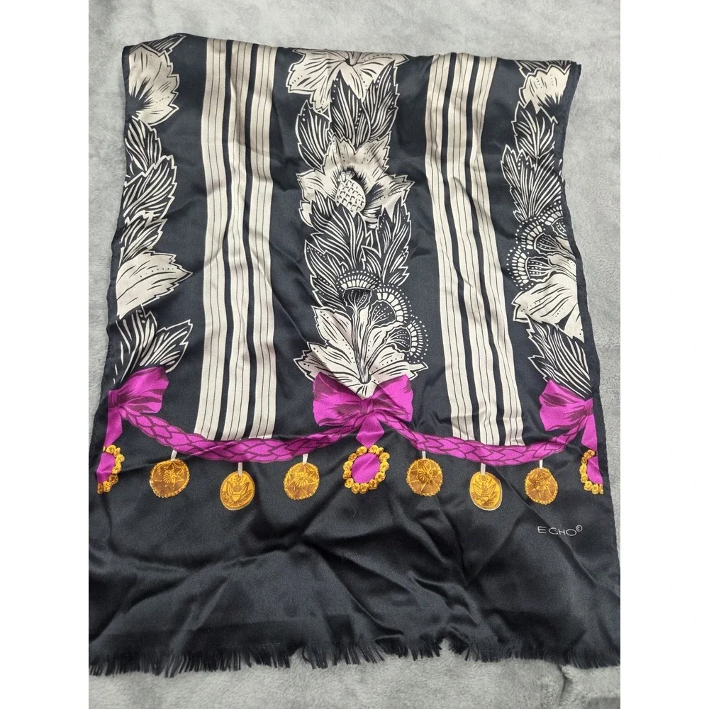 Gorgeous Black White Hot Pink Silk Scarf Bows Gold Medallions Rectangle 59 Inch